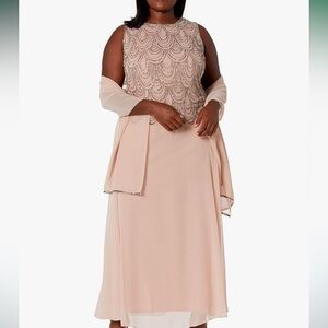 3/$10 JKARA Elegant Chiffon Blush Pink Beaded Dress and Scarf